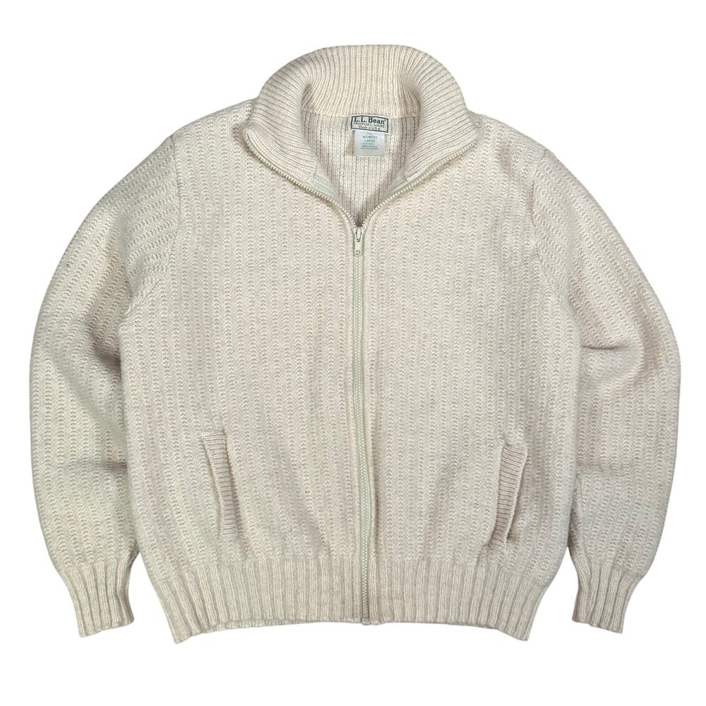 Vintage LL Bean 80s Heavy Pure Wool Zip Cardigan Sweater Cream Medium USA